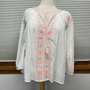 Madewell White Gauze Geometric Embroidered Long Sleeve Peasant Shirt Size  XS